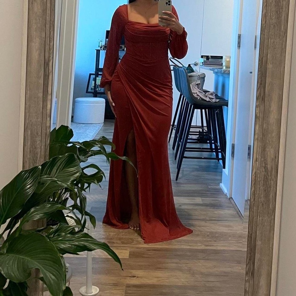 Azazie gown in terracotta